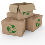 cardboard boxes with green recycling logo
