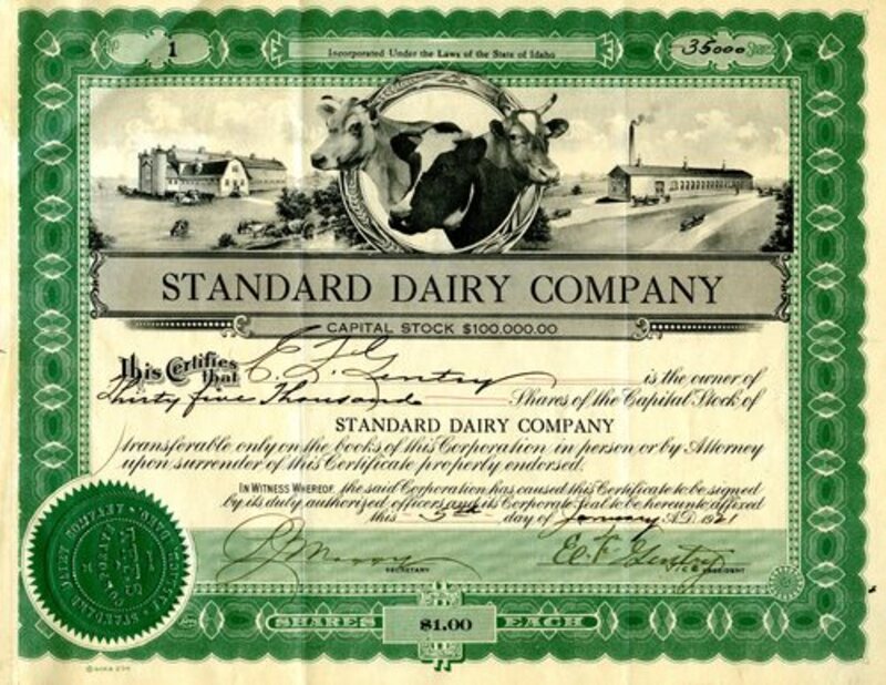 Standard Dairy Company stock certificate