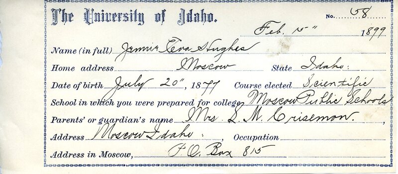 Jennie Eva Hughes' student registration card