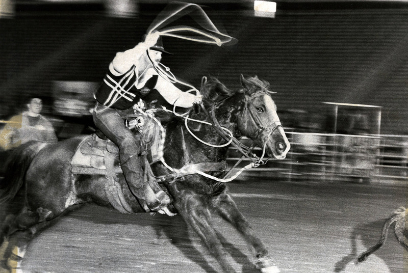 Photo of a man on a horse rop[i]ng a calf