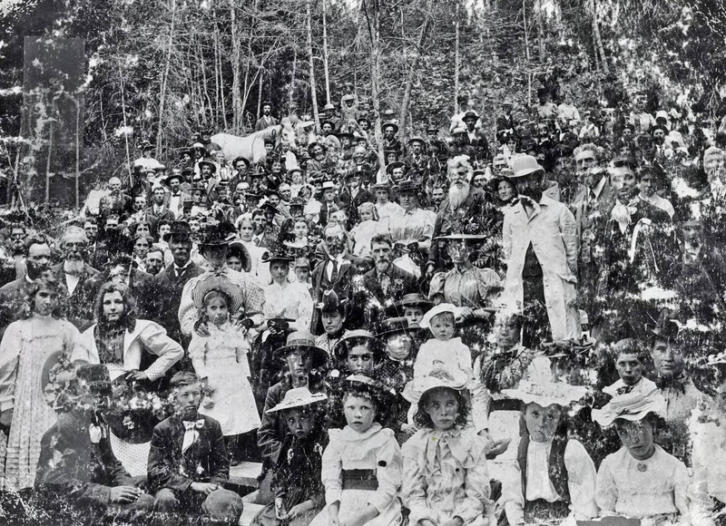 Photo of a [l]arge group of people sitting in the woods