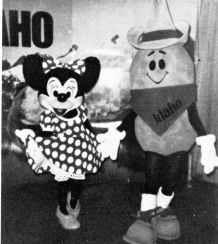 Mr. Idaho Potato standing next to Minnie Mouse at the United Fresh Fruit and Vegetable Convention in Anaheim, California