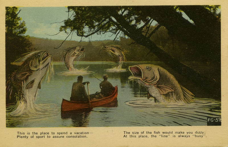 humorous postcard of oversized fish