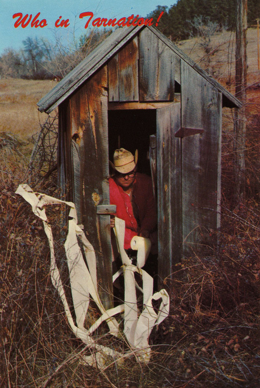 humorous postcard of man in outhouse
