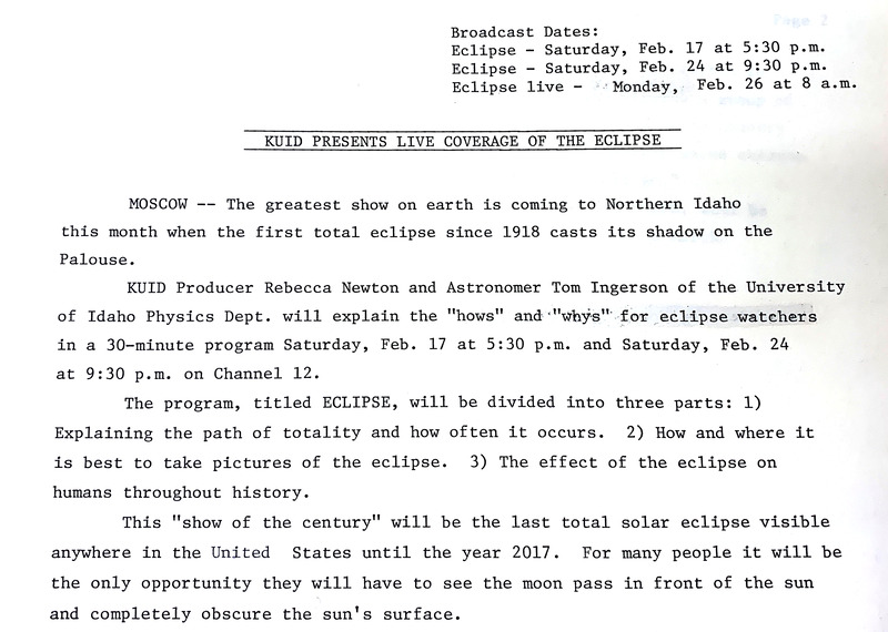 Press release for coverage of the 1979 solar eclipse.