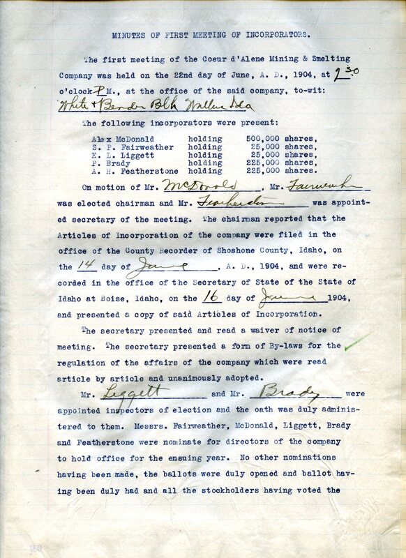 minutes of the first meeting of the Coeur d'Alene Mining & Smelting Company