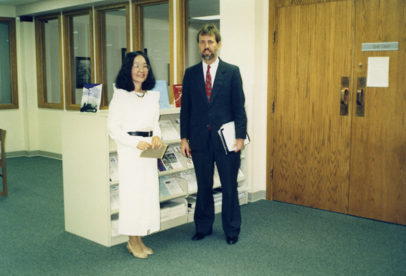 Lily Wai and unidentified man on library inspection trip
