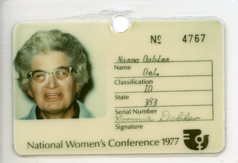 Norma Dobler National Women's Conference 1977 identification badge