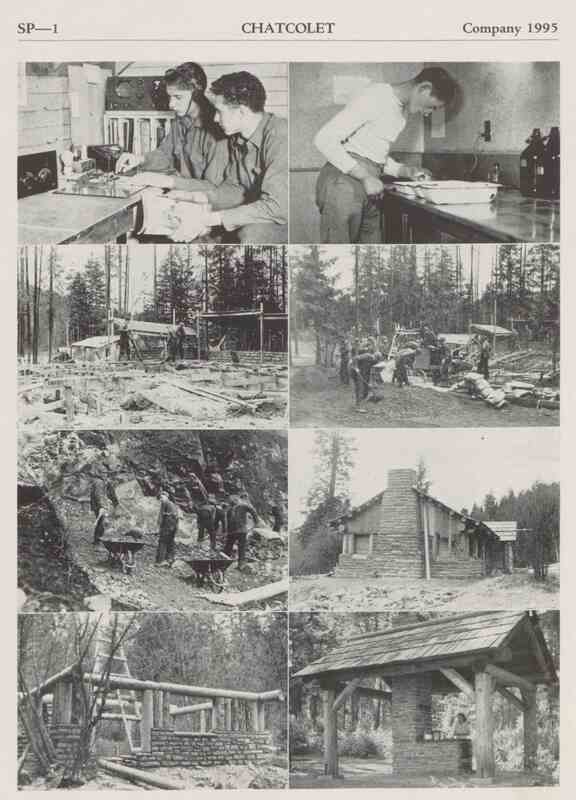 Page 47 of the Fort George Wright District CCC Annual, 1938-39, depicting work of the camp building Heyburn State Park