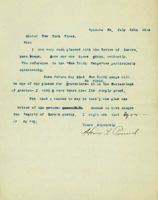 letter from Homer Pound (father of Ezra Pound)