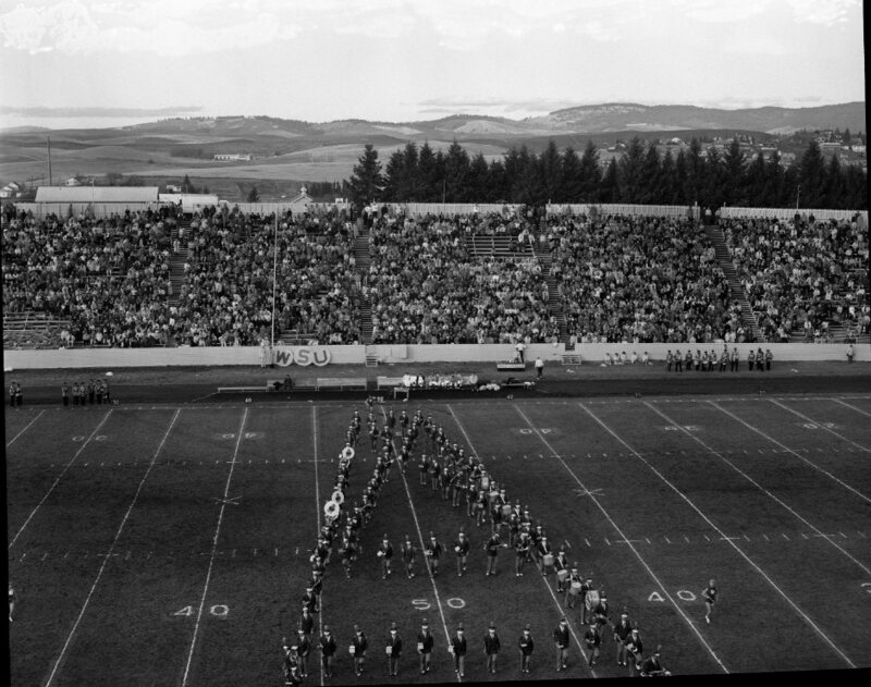 marching band performing at halftime of Washington State University game at University of Idaho