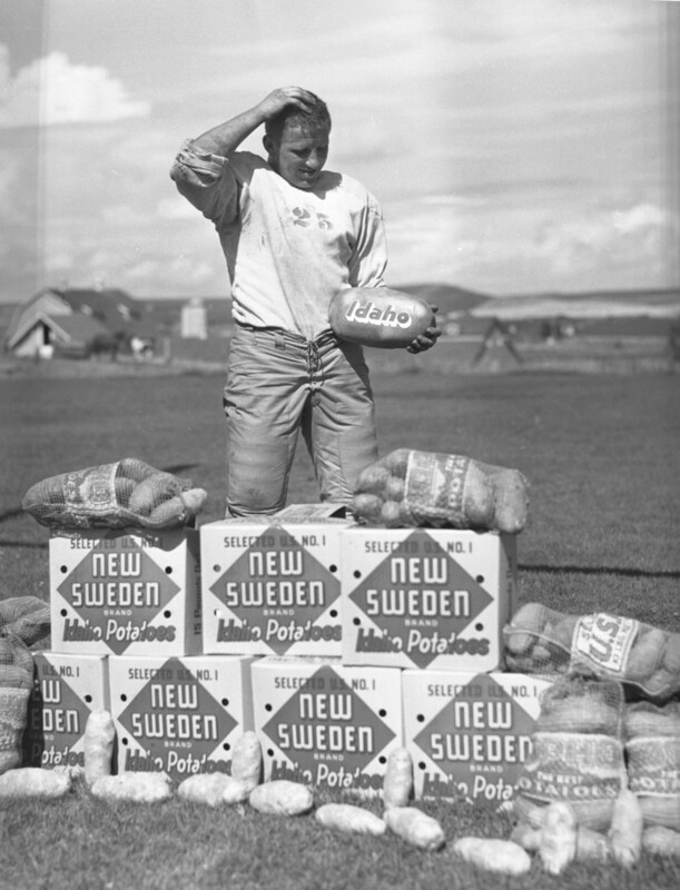 football player posed with New Sweden potatoes