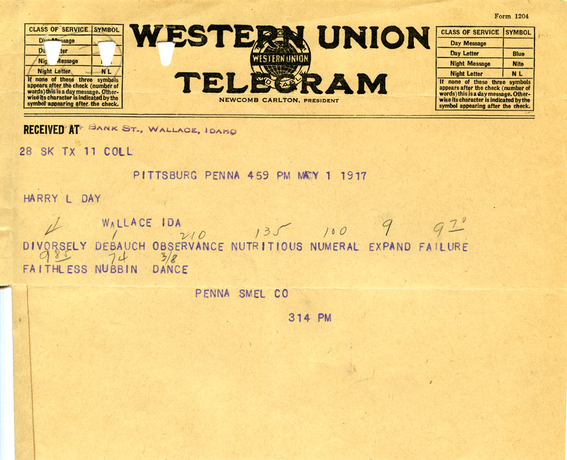 Western Union Telegram May 1 1917