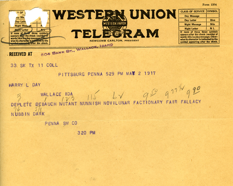 Western Union Telegram May 2 1917