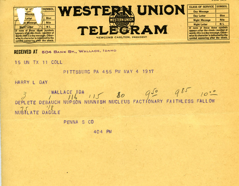 Western Union Telegram May 4 1917