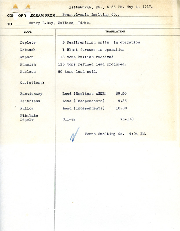 Encrypted telegram solution May 4 1918