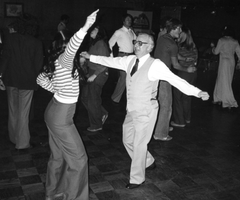 Professor Glen Lockery disco dancing with Vandaleer Naomi in Salmon, Idaho