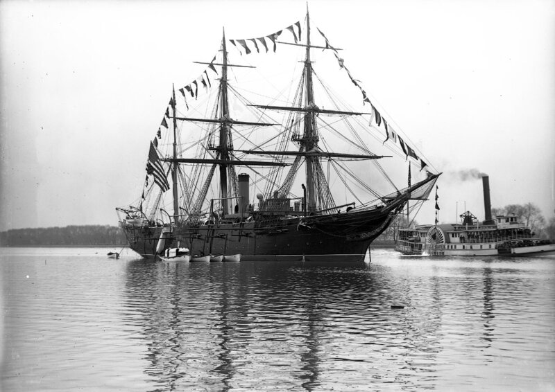 large steamships with masts, smaller boat, "Belle Raven" in background