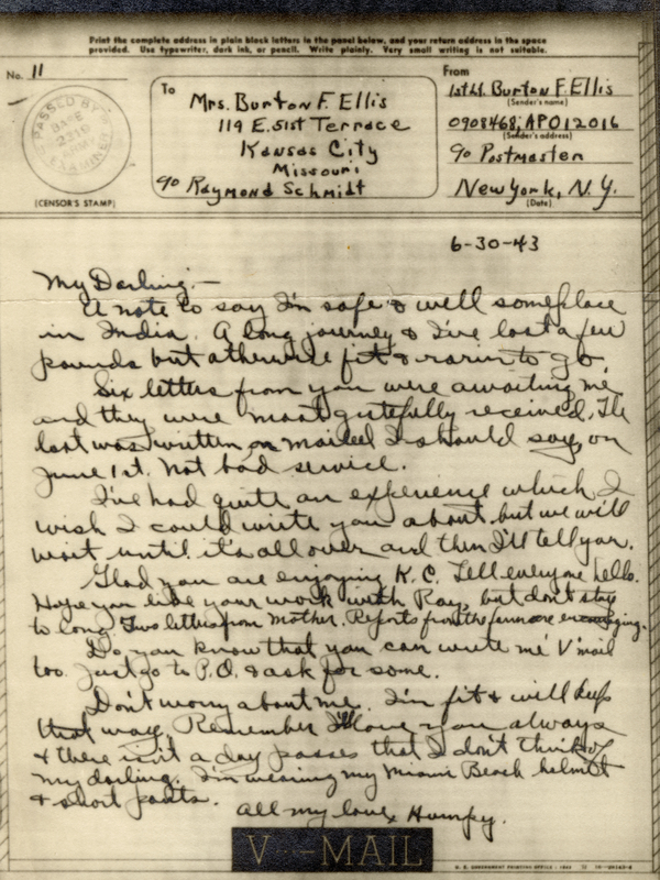 V-mail from 1st Lt. Burton Ellis to his wife in Kansas City, MO