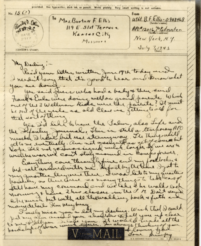 V-mail from 1st Lt. Burton Ellis to his wife in Kansas City, MO