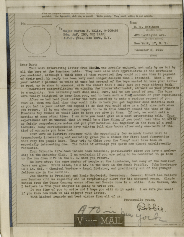 V-mail from H.M. Robinson to Major Burton Ellis